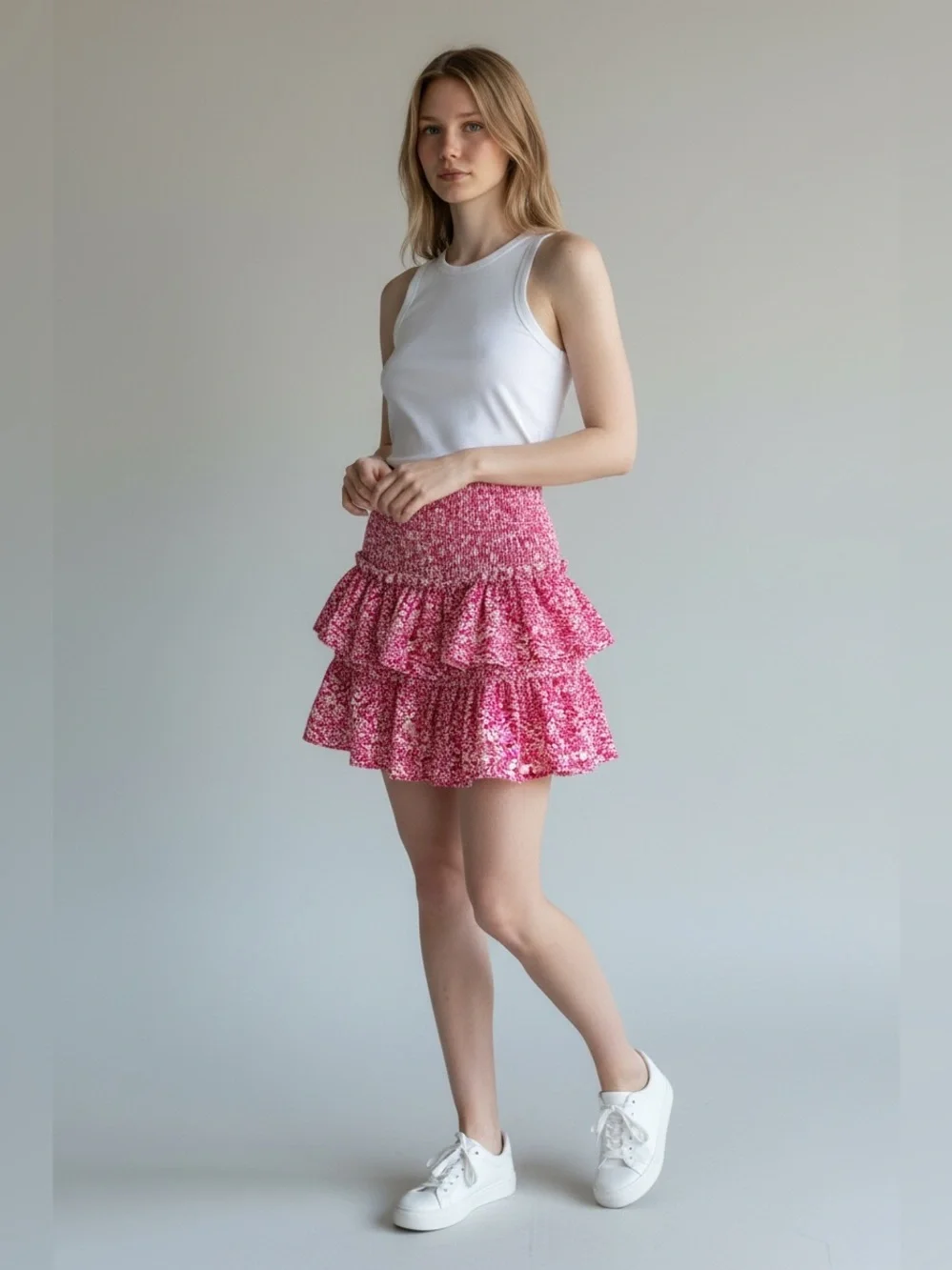 SHEIN Pink floral mini skirt with ruffles